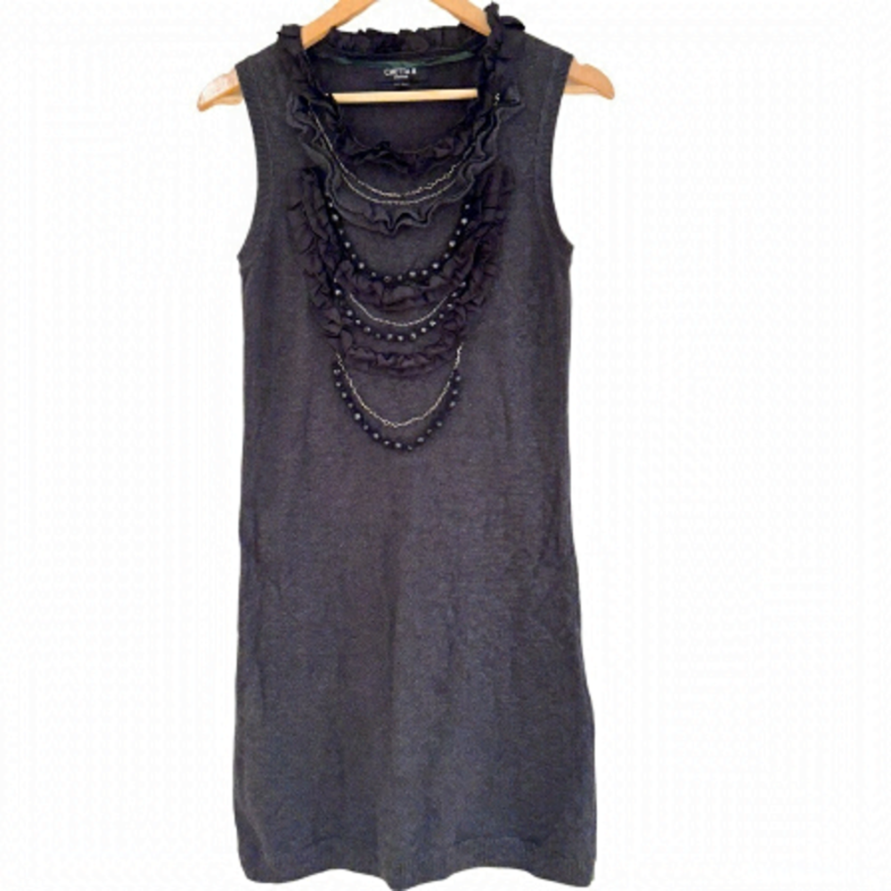 CHETTA B detailed front sweater knit dress charcoal grey beads